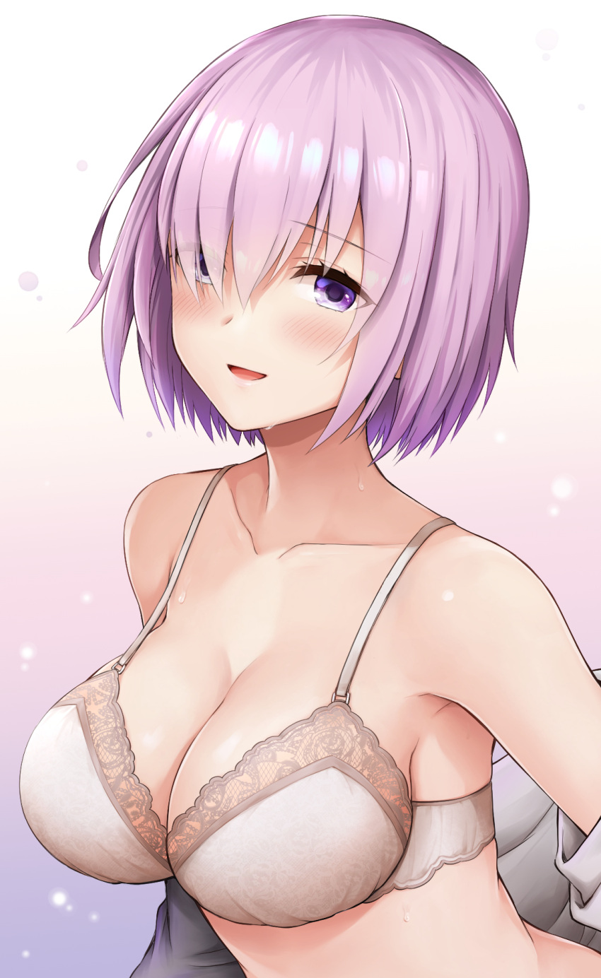 1girl bangs blush breasts chacharan cleavage collarbone commentary_request eyebrows_visible_through_hair eyes_visible_through_hair fate/grand_order fate_(series) hair_between_eyes hair_over_one_eye highres large_breasts lavender_hair lingerie looking_at_viewer mash_kyrielight open_mouth short_hair simple_background smile solo standing sweat underwear undressing violet_eyes