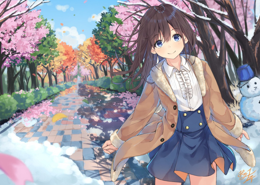 1girl autumn_leaves bangs bare_tree blue_eyes blue_skirt blue_sky blurry blurry_foreground blush brown_hair brown_jacket bucket_hat center_frills closed_mouth clouds collared_shirt commentary_request day depth_of_field eyebrows_visible_through_hair fingernails flower frills fur-trimmed_jacket fur-trimmed_sleeves fur_trim hair_between_eyes hat jacket long_hair long_sleeves looking_at_viewer miko_fly open_clothes open_jacket original outdoors petals pink_flower pleated_skirt shirt signature skirt sky sleeves_past_wrists smile snow snowman solo tree white_shirt