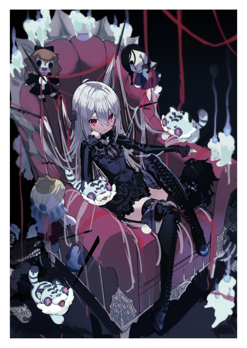 1girl ahoge armchair bat_ornament black_dress black_ribbon boots border candle chair doll dress expressionless fishnet_thighhighs fishnets gothic grey_hair hair_between_eyes hair_ribbon head_rest highres long_hair long_sleeves looking_at_viewer mearylis_(yamanasi_mikage) original pale_skin red_eyes ribbon sitting sketch sleeves_past_wrists solo stuffed_toy thigh-highs thigh_boots thighhighs_under_boots very_long_hair white_border yamanasi_mikage zettai_ryouiki