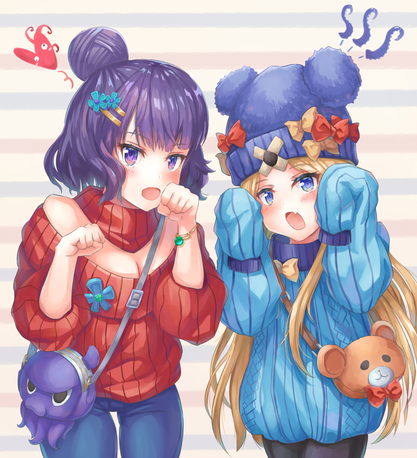 2girls abigail_williams_(fate/grand_order) animal_bag animal_ears animal_hat bad_anatomy bag bangle bangs bare_shoulders bear_ears bear_hat black_legwear blonde_hair blue_eyes blue_hat blue_pants blue_sweater blush bow bracelet breasts casual cleavage collar commentary_request cowboy_shot denim detached_collar eyebrows_visible_through_hair fang fate/grand_order fate_(series) hands_up hat hat_bow head_tilt heart highres jeans jewelry jiang_shennong katsushika_hokusai_(fate/grand_order) long_hair long_sleeves medium_breasts multiple_girls off-shoulder_sweater open_mouth orange_bow pants pantyhose parted_bangs puffy_long_sleeves puffy_sleeves purple_hair red_bow red_collar red_sweater shoulder_bag sleeves_past_fingers sleeves_past_wrists striped striped_background sweater tentacle tokitarou_(fate/grand_order) turtleneck very_long_hair violet_eyes