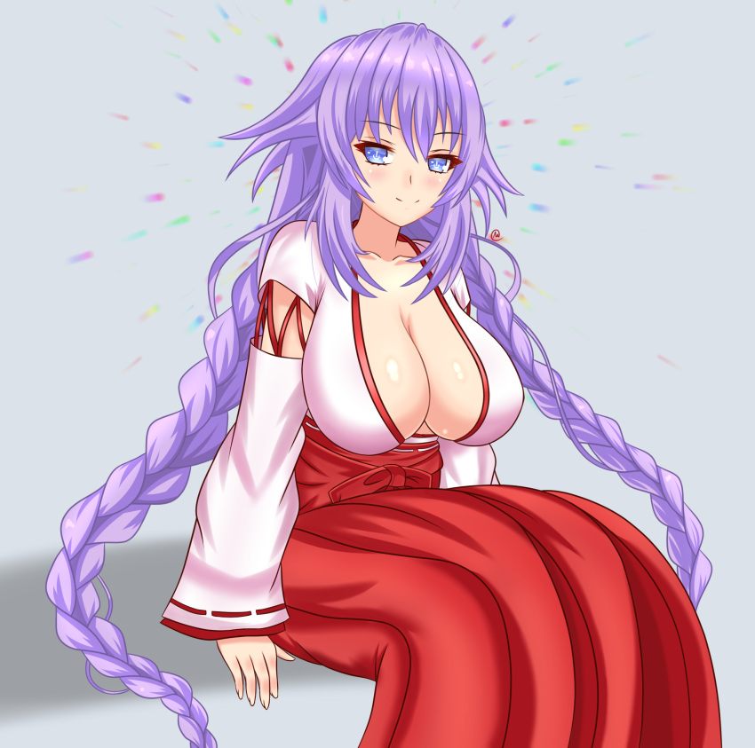 1girl blue_eyes blush braid breasts cleavage expirednepbull hair_ornament hair_tubes hakama highres japanese_clothes large_breasts long_hair looking_at_viewer miko neptune_(series) power_symbol purple_hair purple_heart red_hakama ribbon-trimmed_sleeves ribbon_trim solo symbol-shaped_pupils twin_braids very_long_hair wide_sleeves