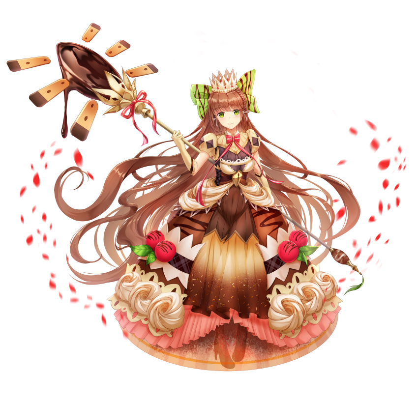 1girl bow brown_dress brown_footwear brown_gloves brown_hair chocolate covered_navel crown dress food_fantasy food_themed_clothes full_body gloves green_bow green_eyes highres long_hair looking_at_viewer lunacle puffy_short_sleeves puffy_sleeves short_sleeves simple_background smile spoon standing tiramisu tiramisu_(food_fantasy) very_long_hair white_background
