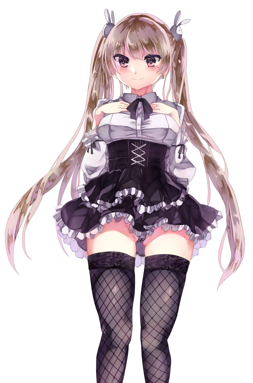 1girl blush bow bunny_hair_ornament closed_mouth dress earrings eyebrows_visible_through_hair fishnet_legwear fishnets grey_eyes hair_between_eyes hair_ornament highres jewelry long_hair looking_at_viewer maplestory mole mole_under_eye orchid_(maplestory) rabbit silver_hair simple_background skirt smile solo standing thigh-highs twintails user_sekn8548 white_background white_dress