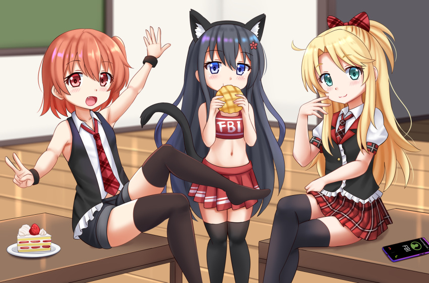 3girls :d animal_ear_fluff animal_ears bangs bare_arms bare_shoulders black_hair black_jacket black_legwear black_shorts black_vest blonde_hair blue_eyes blurry blurry_background blush bow bread brown_eyes brown_hair brown_legwear cake cat_ears cat_girl cat_tail cellphone cheerleader collared_shirt commentary crop_top depth_of_field eating english_commentary eyebrows_visible_through_hair fang flower food green_eyes hair_between_eyes hair_bow hair_flower hair_ornament high_ponytail highres himesaka_noa holding holding_food hoshino_hinata indoors jacket kazenokaze legs_crossed melon_bread multiple_girls navel necktie open_mouth phone plaid plaid_bow plaid_neckwear plaid_skirt plate pleated_skirt ponytail puffy_short_sleeves puffy_sleeves red_bow red_flower red_neckwear red_skirt shirosaki_hana shirt short_shorts short_sleeves shorts sitting skirt sleeveless sleeveless_jacket sleeveless_shirt slice_of_cake smartphone smile standing tail tail_raised thigh-highs vest watashi_ni_tenshi_ga_maiorita! white_shirt