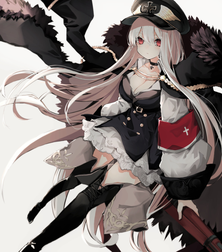 1girl aiguillette bangs belt black_choker black_coat black_dress black_footwear black_hat blurry blush bolt_action boots breasts buttons choker cleavage closed_mouth coat collarbone depth_of_field dress eyebrows_visible_through_hair floating_hair fur-trimmed_coat fur_trim girls_frontline glint gun hair_between_eyes hat highres holding holding_gun holding_weapon jacket_on_shoulders kar98k_(girls_frontline) long_hair long_sleeves looking_at_viewer mauser_98 medium_breasts military military_uniform naruwe peaked_cap puffy_sleeves red_eyes silver_hair simple_background solo thigh-highs thigh_boots uniform very_long_hair weapon white_background