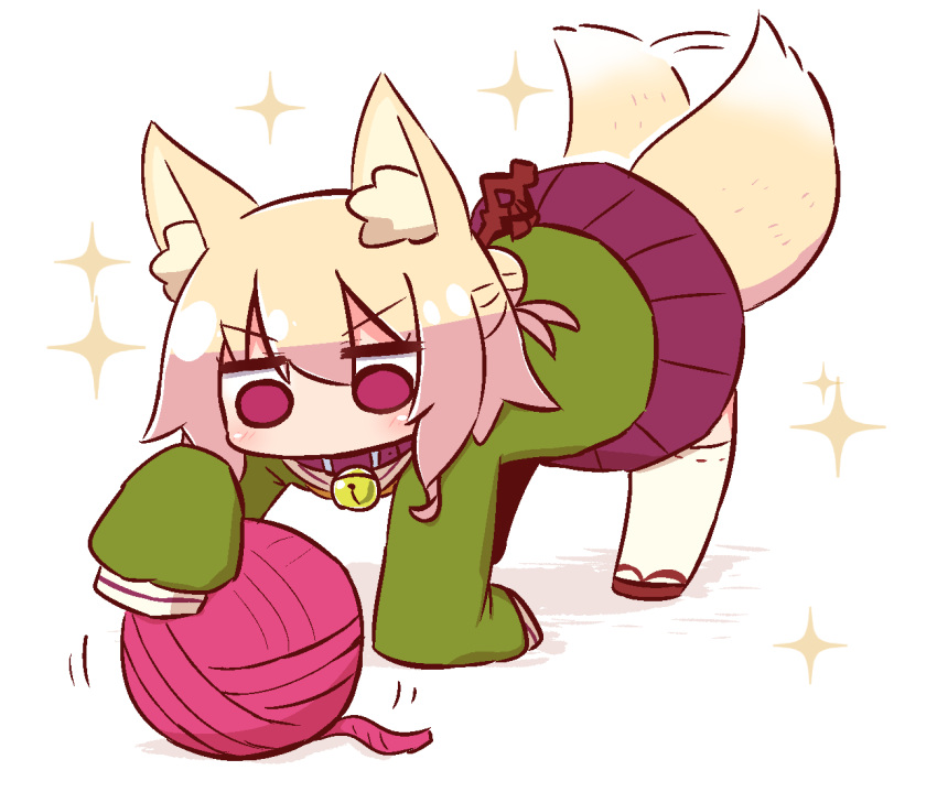 1girl afterimage all_fours animal_ears bangs bell bell_collar blonde_hair blush brown_footwear collar eyebrows_visible_through_hair fox_ears fox_girl fox_tail full_body green_shirt hair_between_eyes hair_bun hair_ornament jingle_bell kemomimi-chan_(naga_u) long_sleeves naga_u original pleated_skirt purple_skirt red_eyes ribbon-trimmed_legwear ribbon_trim sailor_collar shadow shirt sidelocks skirt sleeves_past_fingers sleeves_past_wrists solo sparkle tail tail_raised tail_wagging thigh-highs white_background white_legwear white_sailor_collar yarn yarn_ball