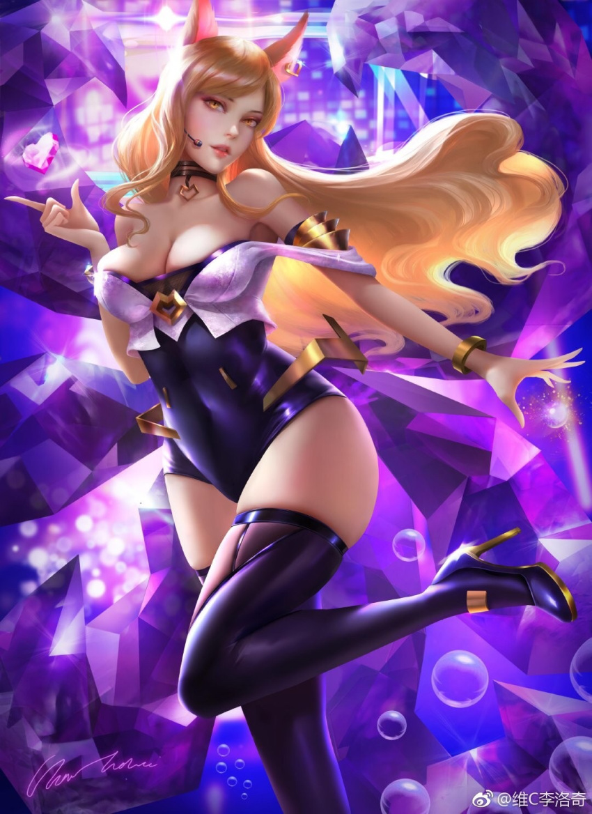 1girl ahri animal_ears artist_name backlighting bare_shoulders black_legwear blonde_hair bracelet breasts choker chunhui_lee cleavage corset covered_navel earrings fox_ears headset heart high_heels highres jewelry k/da_(league_of_legends) k/da_ahri league_of_legends lips long_hair looking_at_viewer medium_breasts nose signature skindentation solo standing standing_on_one_leg thigh-highs yellow_eyes