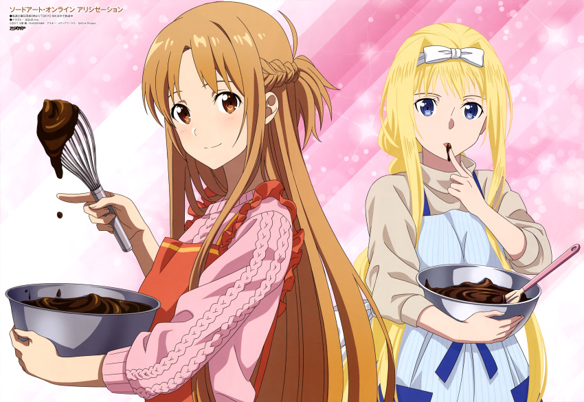 2girls absurdres alice_schuberg apron asuna_(sao) blonde_hair blue_apron blue_eyes blue_ribbon bow braid brown_eyes brown_hair cooking copyright_name crown_braid finger_to_mouth grey_sweater hair_bow highres holding index_finger_raised long_hair looking_at_viewer multiple_girls open_mouth pink_sweater ribbed_sweater ribbon shiny shiny_hair smile standing striped_apron sweater sword_art_online upper_body very_long_hair white_bow