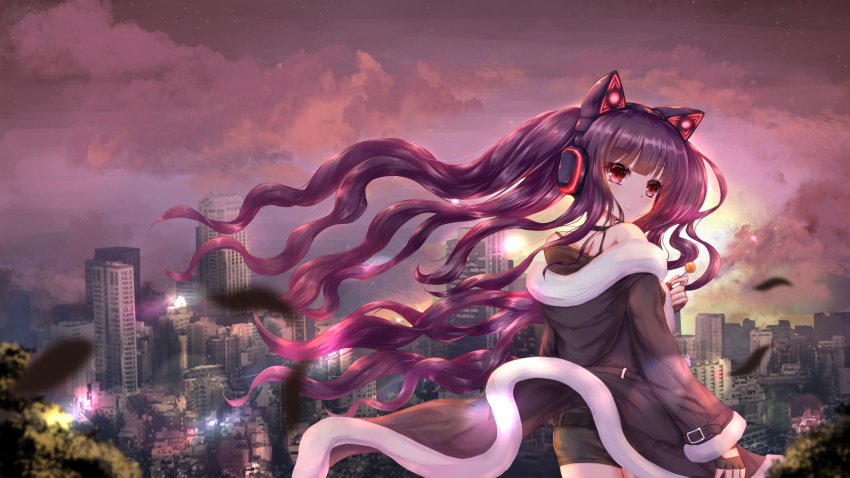 1girl animal_ears bangs belt black_belt brown_gloves brown_jacket brown_shorts building candy cat_ear_headphones cat_ears cityscape closed_mouth clouds cloudy_sky commentary_request eyebrows_visible_through_hair fingerless_gloves food gloves habu_rin headphones highres holding holding_food holding_lollipop hood hood_down hooded_jacket jacket lollipop long_hair long_sleeves looking_away looking_to_the_side original outdoors purple_hair red_eyes short_shorts shorts sky skyscraper smile solo twintails very_long_hair wallpaper