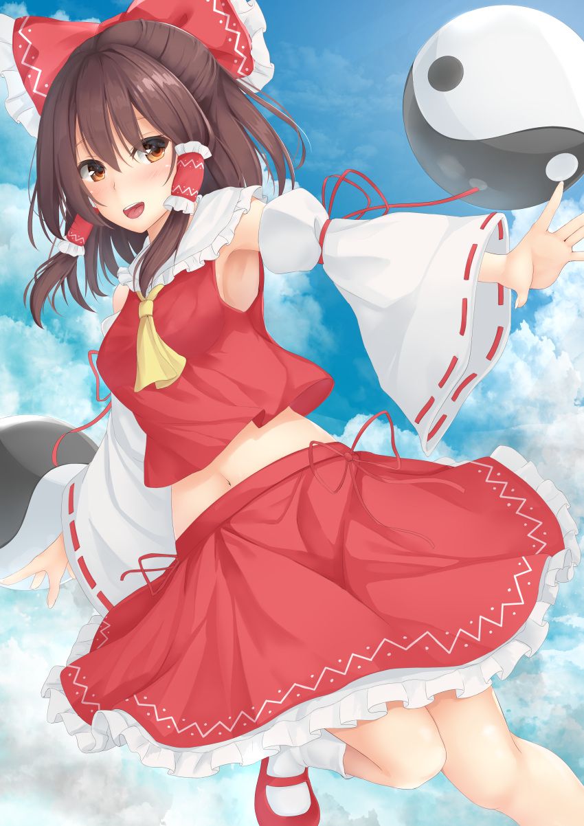 1girl absurdres armpits blue_sky bow brown_hair clouds cravat day detached_sleeves flying folded_leg foot_out_of_frame frilled_bow frilled_skirt frills hair_bow hair_tubes hakurei_reimu half_updo highres kneehighs looking_at_viewer mary_janes midriff navel open_mouth orange_eyes outdoors outstretched_arms red_footwear red_skirt red_vest ribbon-trimmed_sleeves ribbon_trim shoes sidelocks skirt skirt_set sky solo sonia_(fetusdream) spread_arms touhou upper_teeth vest white_legwear yellow_neckwear yin_yang_orb