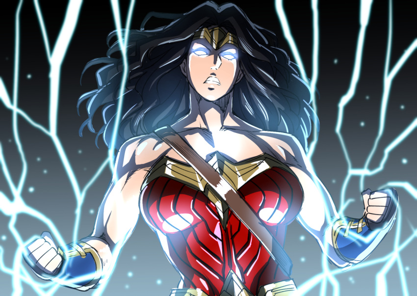 1girl bare_shoulders black_hair blue_eyes breasts dc_comics electricity glowing glowing_eyes highres large_breasts leotard long_hair no_pupils shouji_nigou solo superhero tiara wonder_woman wonder_woman_(series)