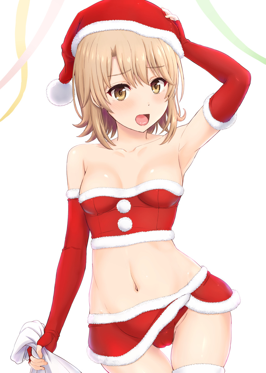 1girl absurdres bandeau bangs bare_shoulders blush breasts brown_eyes brown_hair cleavage collarbone cowboy_shot elbow_gloves eyebrows_visible_through_hair fingerless_gloves fur_trim gloves hand_on_own_head hat highres inanaki_shiki isshiki_iroha looking_at_viewer medium_breasts midriff navel open_mouth panties red_gloves red_hat red_panties red_skirt sack santa_costume santa_hat short_hair simple_background skirt solo standing strapless underwear white_background yahari_ore_no_seishun_lovecome_wa_machigatteiru.
