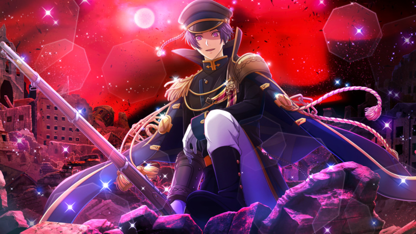 1boy aiguillette antique_firearm armor black_footwear boots crazy_eyes epaulettes evil_smile firearm game_cg gauntlets gloves gun hat high_collar holding holding_gun holding_weapon male_focus military military_uniform official_art outdoors peaked_cap purple_hair rifle ruins sanpaku senjuushi:_the_thousand_noble_musketeers shoulder_armor single_gauntlet smile snider_(senjuushi) solo uniform violet_eyes weapon white_gloves wind