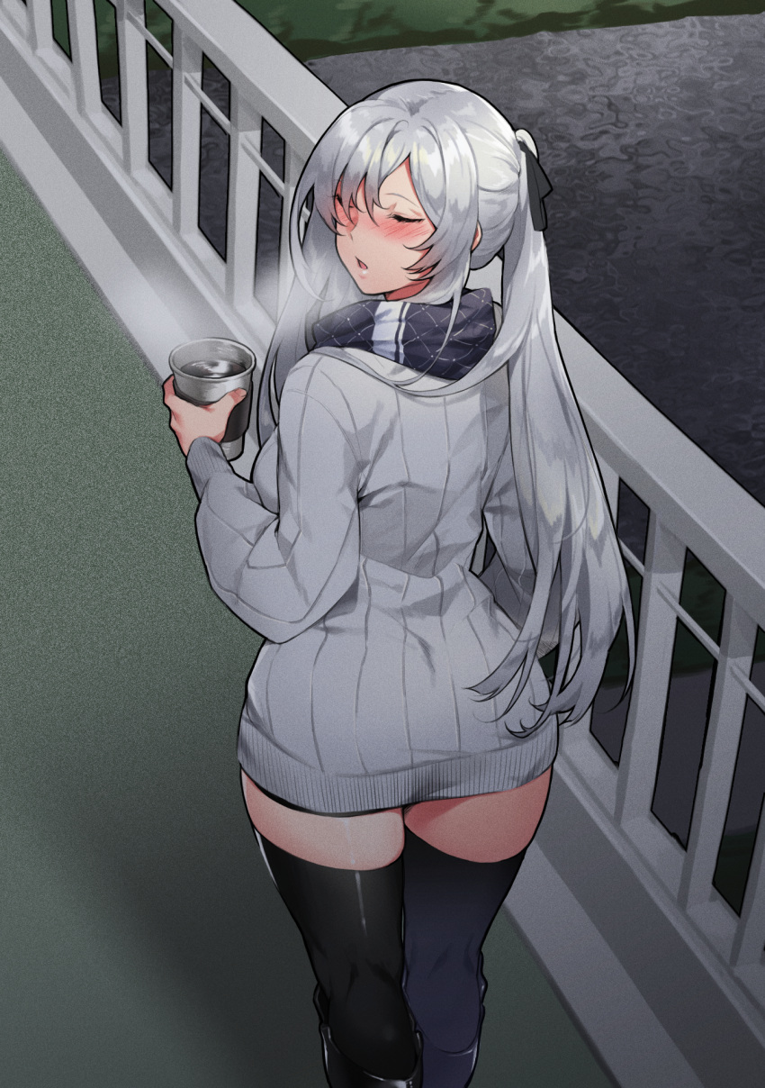 1girl ak-12_(girls_frontline) bangs blush breath coffee_cup commentary_request cup disposable_cup dress from_behind girls_frontline highres holding holding_cup long_hair long_sleeves mimyo open_mouth railing ribbed_sweater ribbon scarf sidelocks silver_hair sweater sweater_dress thigh-highs