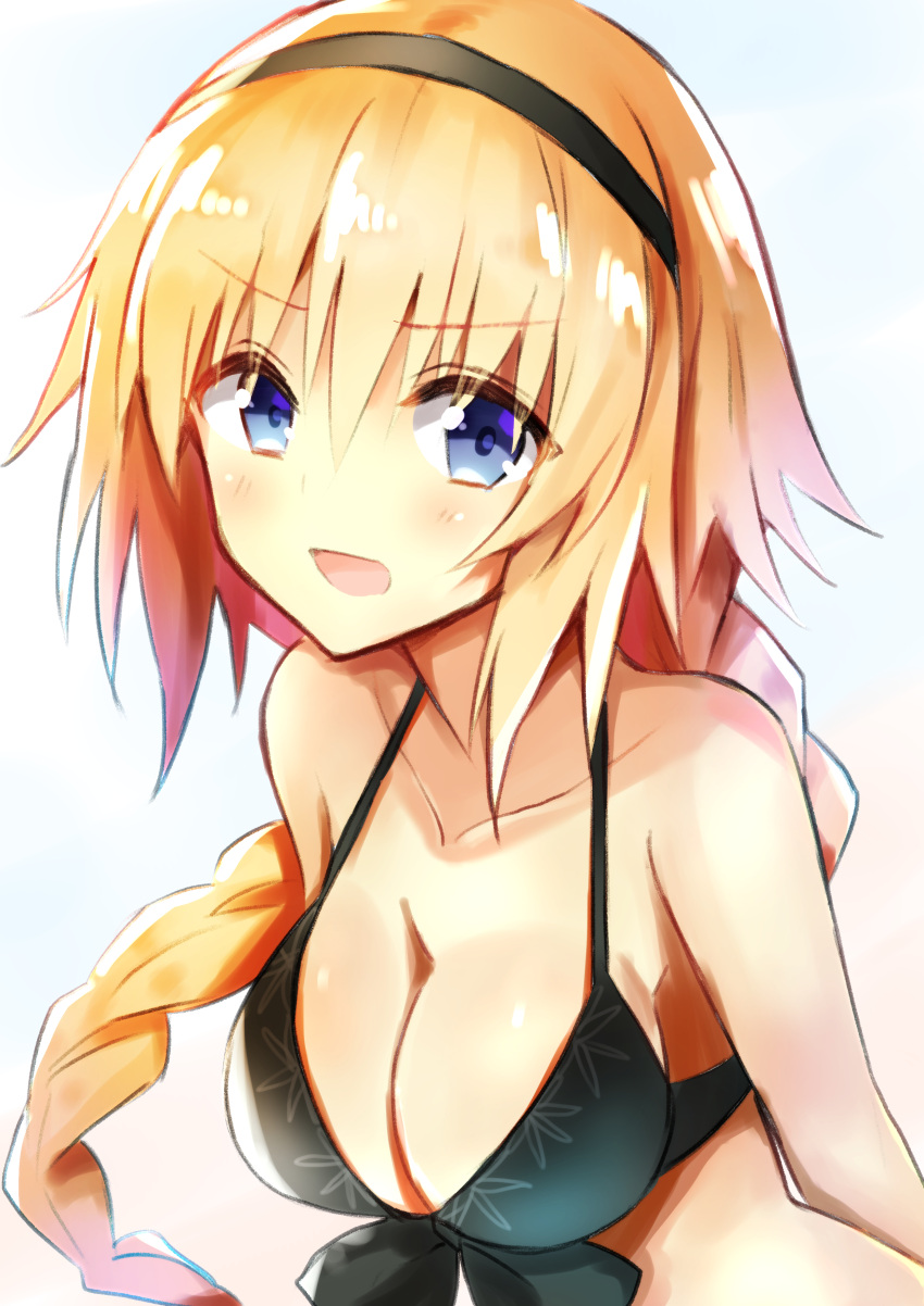 1girl :d absurdres bangs bare_shoulders bikini bikini_top black_bikini black_hairband blonde_hair blue_eyes blush braid breasts cleavage collarbone commentary_request eyebrows_visible_through_hair fate/grand_order fate_(series) hair_between_eyes hairband highres jeanne_d'arc_(fate)_(all) jeanne_d'arc_(swimsuit_archer) large_breasts long_hair nanakusa_amane open_mouth sidelocks single_braid smile solo swimsuit upper_body very_long_hair
