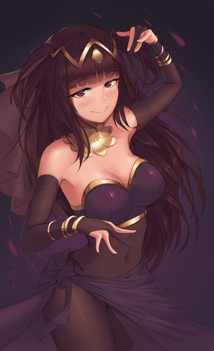 1girl absurdres awan97 black_hair bracelet breasts bridal_gauntlets cleavage closed_mouth covered_navel fire_emblem fire_emblem:_kakusei highres jewelry long_hair nintendo red_eyes smile solo tharja upper_body