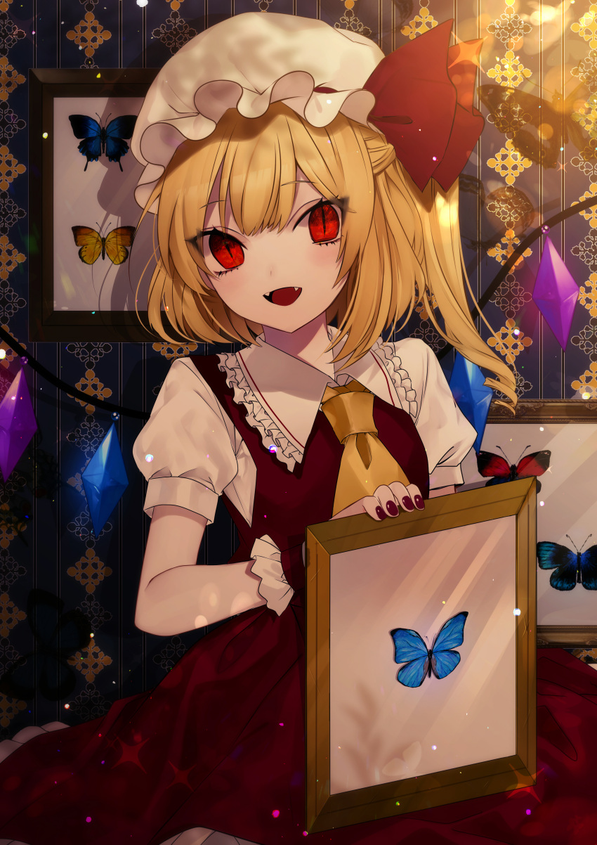 1girl :d absurdres ascot bangs blonde_hair blood blood_on_face bloody_clothes bloody_hair breasts bug butterfly crack crystal daimaou_ruaeru eyebrows_visible_through_hair eyelashes eyes_visible_through_hair fang flandre_scarlet frilled_shirt_collar frills hat hat_ribbon highres holding indoors insect light_particles long_hair looking_at_viewer mob_cap nail_polish one_side_up open_mouth petting picture_frame puffy_short_sleeves puffy_sleeves red_eyes red_nails red_ribbon red_skirt red_vest ribbon shirt short_sleeves skirt skirt_set slit_pupils small_breasts smile solo sparkle touhou vest wallpaper_(object) white_hat white_shirt wings wrist_cuffs yellow_neckwear