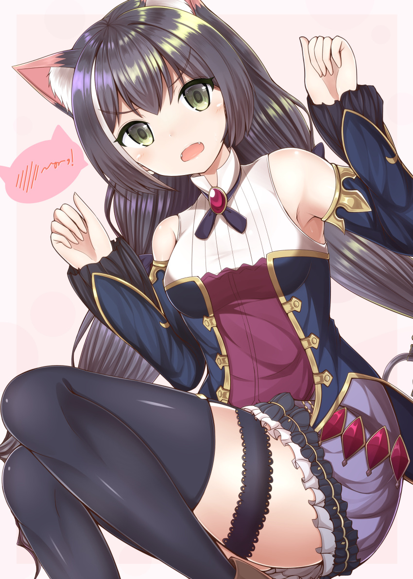 1girl absurdres animal_ears armpits bare_shoulders black_hair cat_ears detached_sleeves eyebrows_visible_through_hair gem green_eyes highres kyaru_(princess_connect) long_hair long_sleeves low_twintails masa_masa multicolored_hair open_mouth princess_connect! simple_background solo streaked_hair tail thigh-highs twintails very_long_hair white_hair