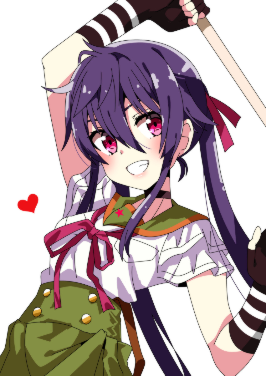 1girl absurdres black_gloves blush ebisuzawa_kurumi fingerless_gloves gakkou_gurashi! gloves green_skirt hair_between_eyes heart highres holding_shovel long_hair pink_eyes purple_hair red_ribbon ribbon school_uniform short_sleeves sinakyo skirt smile twintails