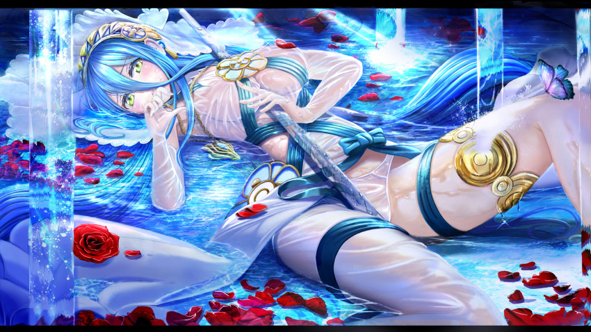 aqua_(fire_emblem_if) aqua_hair blush breasts bug butterfly dress elbow_gloves eyebrows_visible_through_hair fire_emblem fire_emblem_heroes fire_emblem_if gloves green_eyes hair_between_eyes highres insect letterboxed long_hair looking_at_viewer lying medium_breasts nintendo on_back open_mouth panties partially_submerged petals ribbon sash see-through single_thighhigh straight_hair thigh-highs thigh_strap tongari underwear veil water wet wet_clothes white_dress white_gloves white_legwear white_panties