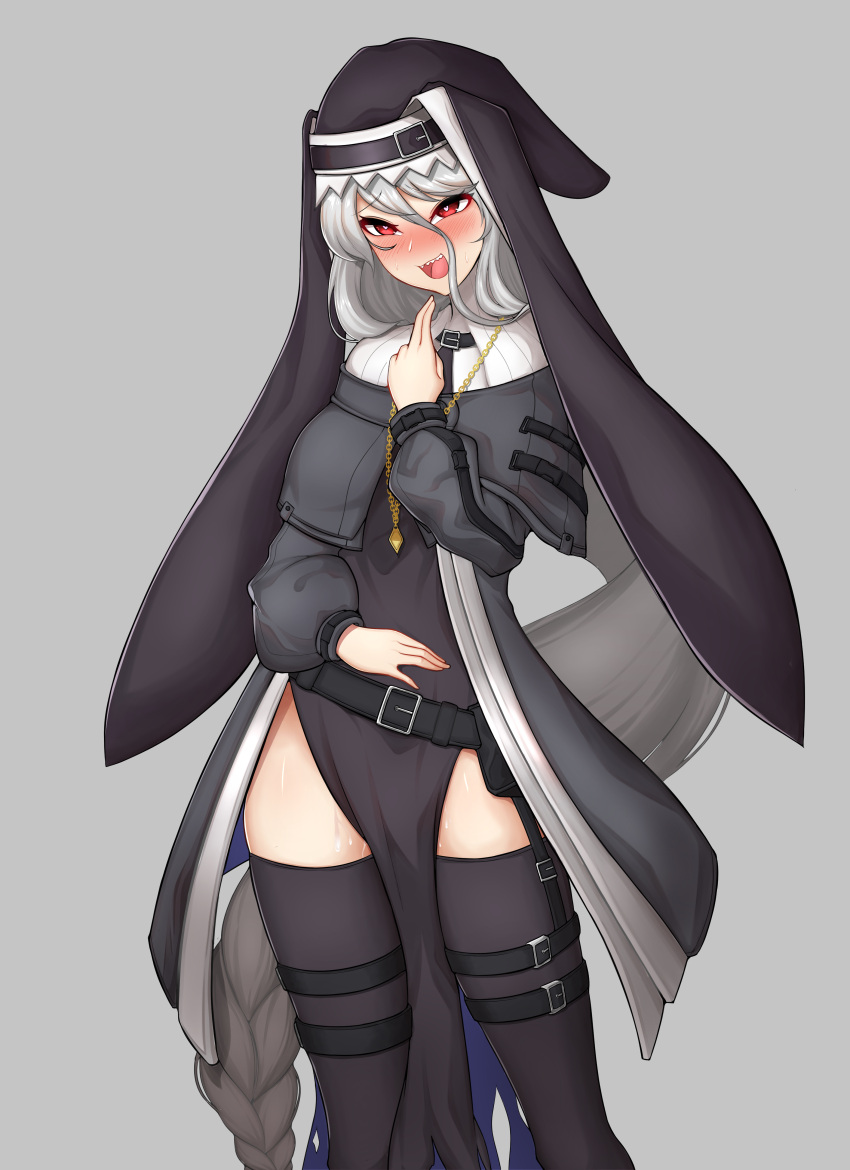 1girl :d absurdres arknights bangs belt black_belt black_dress capelet commentary_request dress feet_out_of_frame grey_background grey_capelet grey_jacket grey_legwear habit hair_between_eyes hand_on_own_stomach hand_up heart heart-shaped_pupils highres jacket korean_commentary long_hair long_sleeves manggapaegtoli naughty_face nun open_mouth pelvic_curtain puffy_sleeves red_eyes sharp_teeth side_slit silver_hair smile solo specter_(arknights) standing symbol-shaped_pupils teeth thigh-highs thigh_strap upper_teeth