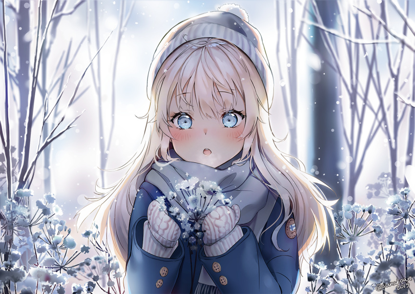 1girl :o bangs bare_tree beanie blonde_hair blue_eyes blue_jacket blue_scarf blush breath commentary day english_commentary eyebrows_visible_through_hair finnish_flag grey_hat hair_between_eyes hands_up hat holding jacket long_hair long_sleeves mittens original outdoors parted_lips scarf snow snowing solo sunako_(veera) tree twitter_username upper_body upper_teeth white_mittens winter