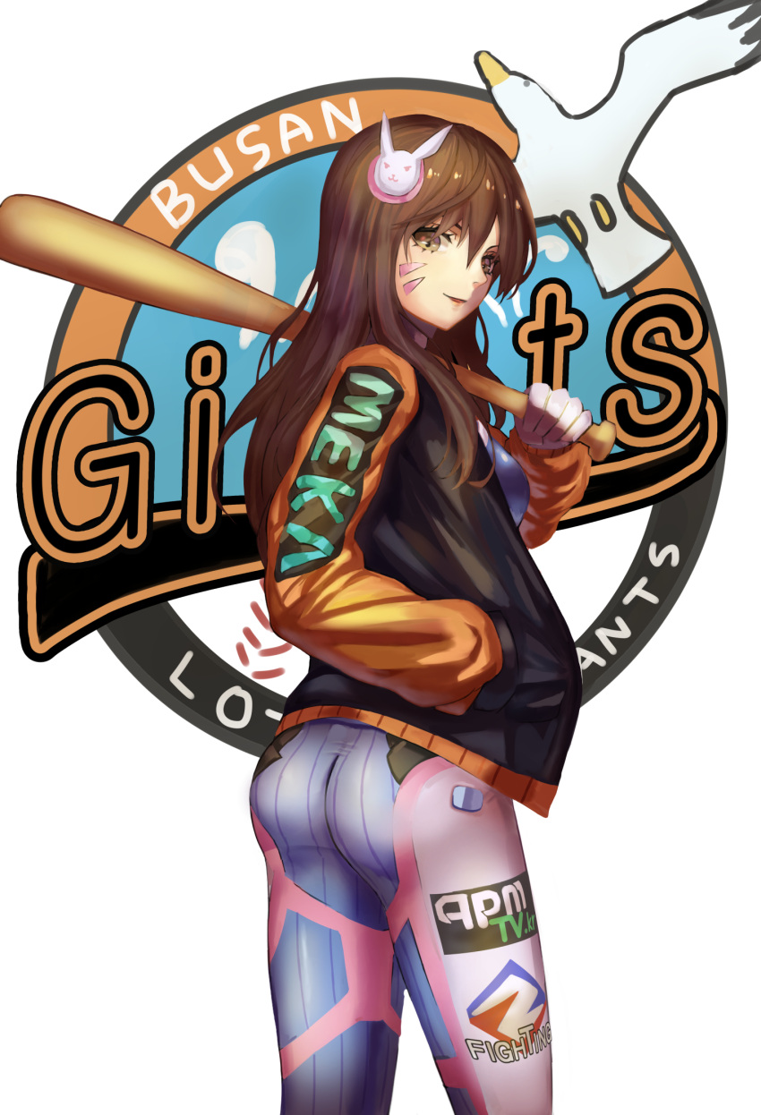 1girl 7aehyun ass bangs baseball_bat brown_eyes brown_hair bunny_hair_ornament cowboy_shot d.va_(overwatch) facial_mark from_side hair_ornament hand_in_pocket highres holding_baseball_bat jacket long_hair looking_at_viewer overwatch pilot_suit solo whisker_markings