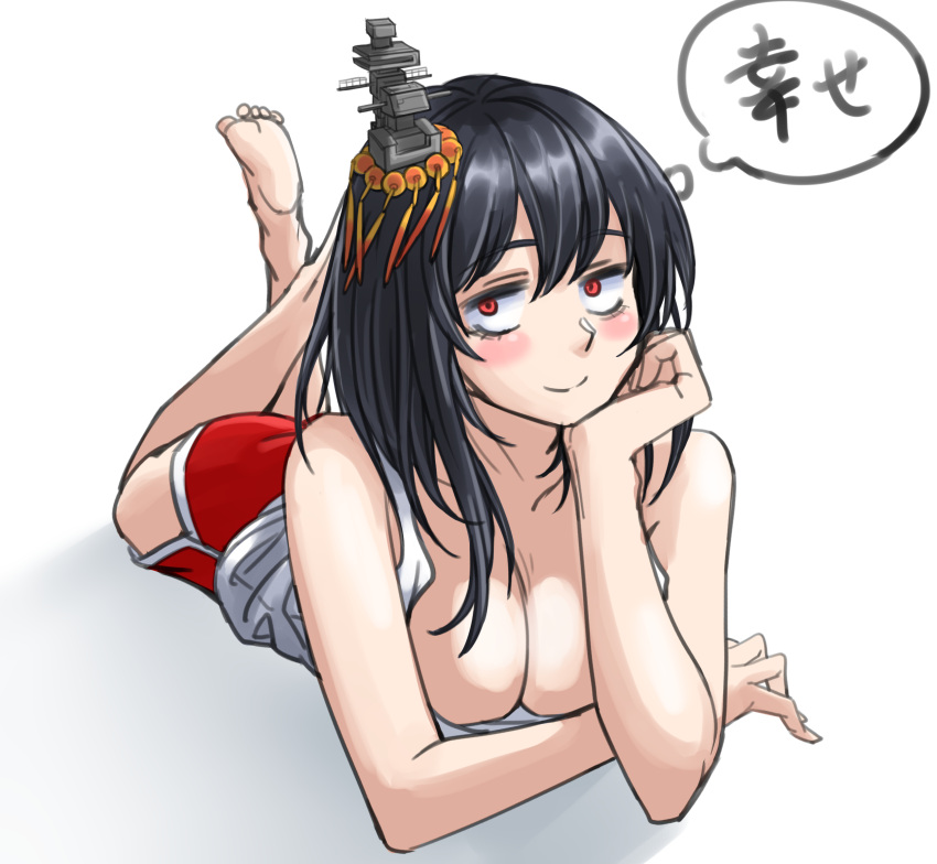 1girl barefoot black_hair blush breasts chin_rest cleavage collarbone commentary_request hair_ornament highres kantai_collection looking_at_viewer lying on_stomach red_eyes red_shorts shirt short_hair shorts sketch smile solo sozan thought_bubble translation_request white_shirt yamashiro_(kantai_collection)