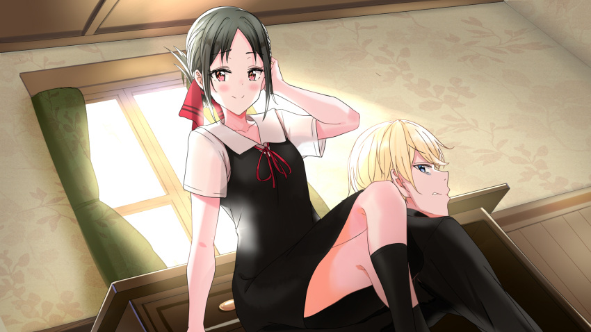 1boy 1girl all_fours arrichee black_hair blonde_hair blue_eyes blush commentary desk from_below frown hair_ribbon highres kaguya-sama_wa_kokurasetai_~tensai-tachi_no_renai_zunousen~ looking_at_viewer red_eyes ribbon school_uniform serafuku shinomiya_kaguya shirogane_miyuki short_hair sitting sitting_on_person smile sunlight wallpaper_(object) window