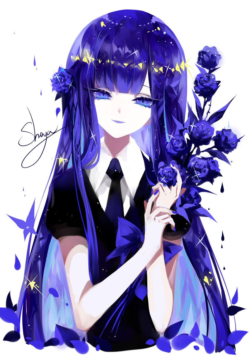 1other absurdres androgynous artist_name bangs blue_bow blue_eyes blue_flower blue_hair blue_nails blue_neckwear blue_rose bow bug butterfly commentary eyelashes flower gem_uniform_(houseki_no_kuni) hair_flower hair_ornament hands_up head_tilt highres holding holding_flower houseki_no_kuni insect lapis_lazuli_(houseki_no_kuni) long_hair looking_at_viewer nail_polish necktie parted_lips petals puffy_short_sleeves puffy_sleeves rose rose_petals sheya short_sleeves signature simple_background smile solo sparkle upper_body very_long_hair white_background