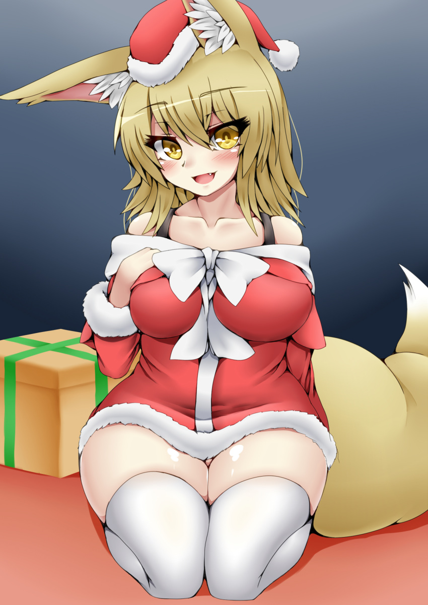 1girl :d absurdres animal_ears black_background blush box breast_suppress breasts brown_eyes brown_hair collarbone dress eyebrows_visible_through_hair fang fox_ears fox_tail gift gift_box hair_between_eyes hat head_tilt highres kiramashi_(satsujinki) large_breasts looking_at_viewer open_mouth original red_dress santa_costume santa_dress santa_hat seiza sitting smile solo tail thigh-highs white_legwear