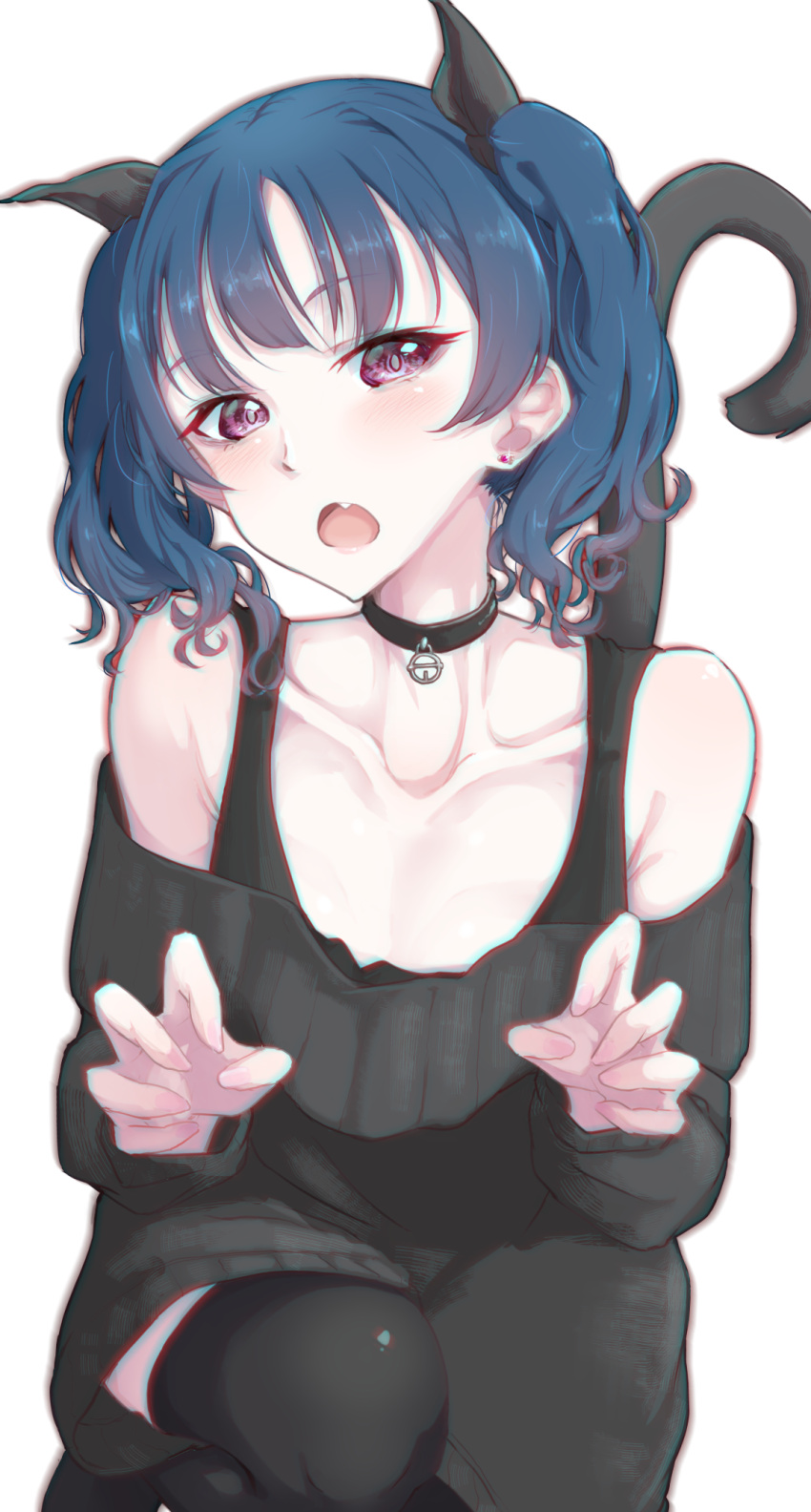 1girl :o alternate_hairstyle animal_ears bangs black_choker black_legwear black_sweater blush cat_ears cat_tail choker chromatic_aberration claw_pose collarbone commentary_request earrings fang highres jewelry kemonomimi_mode long_sleeves looking_at_viewer love_live! love_live!_sunshine!! nasuno_(nasuno42) one_knee shoulder_cutout solo sweater tail thigh-highs tsushima_yoshiko twintails violet_eyes white_background