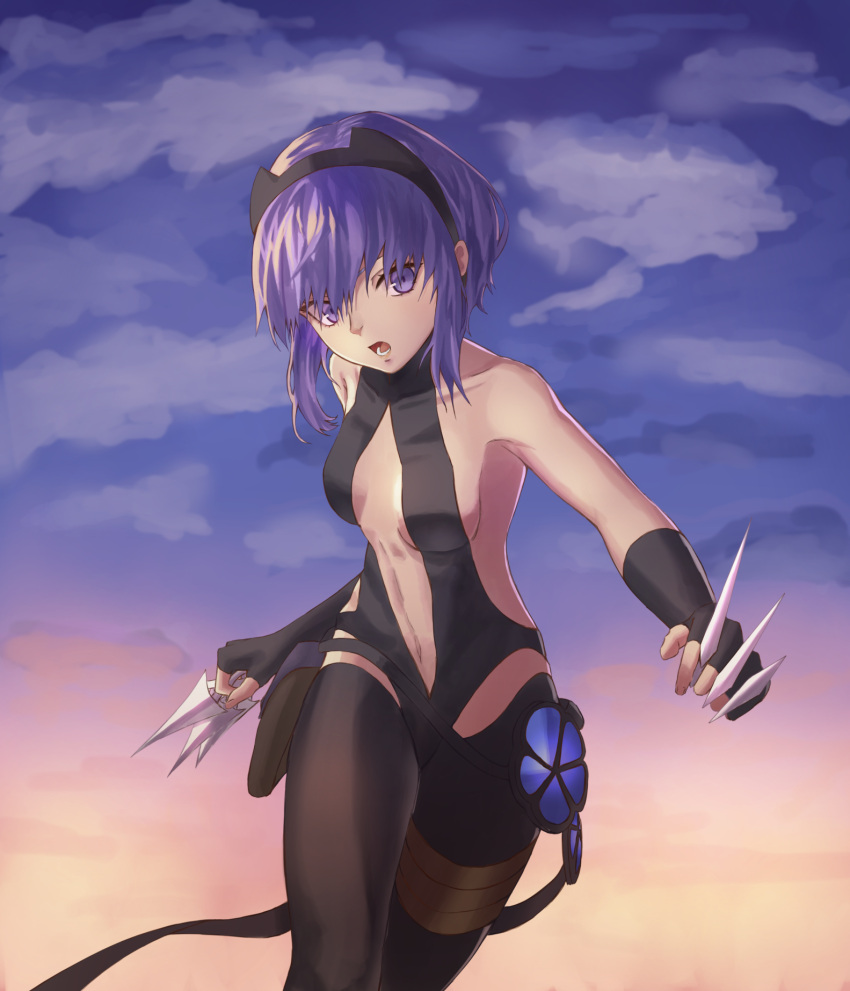 1girl 7aehyun bare_shoulders black_gloves black_hairband black_legwear black_leotard breasts center_opening clouds cloudy_sky cowboy_shot fate/prototype fate/prototype:_fragments_of_blue_and_silver fate_(series) fingerless_gloves flower_ornament gloves hairband hassan_of_serenity_(fate) highres holding holding_knife holding_weapon knife kunai leggings leotard looking_at_viewer navel open_mouth purple_hair short_hair sky small_breasts solo thigh_strap violet_eyes weapon