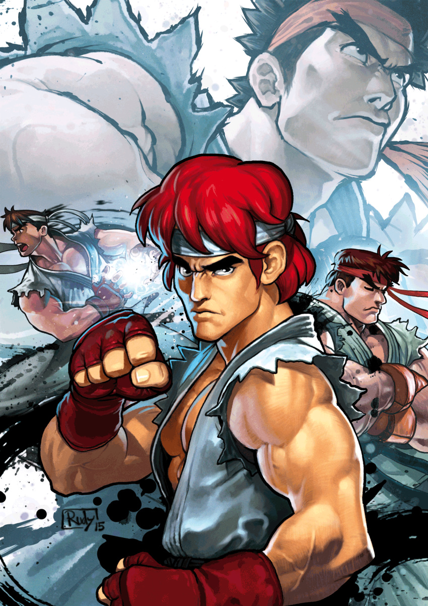 &gt;:( 4boys bare_arms black_eyes black_hair brown_hair clenched_hand closed_eyes darkdux dougi eyebrows fighting_stance fingerless_gloves gloves hadouken headband highres ink looking_afar looking_at_viewer looking_to_the_side male_focus manly multiple_boys multiple_persona muscle open_mouth pectorals red_gloves red_headband redhead ryuu_(street_fighter) serious short_hair signature sleeveless street_fighter street_fighter_i street_fighter_iii_(series) street_fighter_zero_(series) torn_clothes white_headband