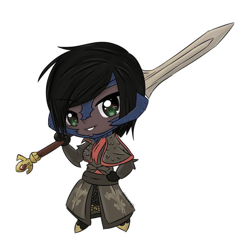 armor armored black_hair boots chainmail chibi coat dark_skin gloves green_eyes korrin original sinamuna smirk sword sword_on_shoulder weapon