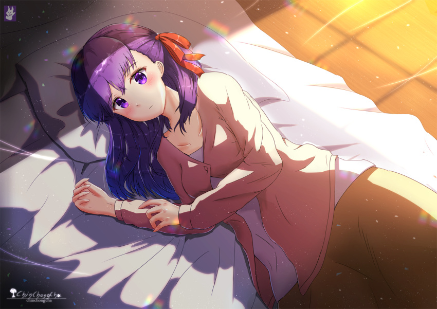 1girl artist_name bed_sheet blush brown_skirt chinchongcha fate/grand_order fate/stay_night fate_(series) hair_ribbon heaven's_feel indoors jacket logo long_hair long_sleeves looking_at_viewer lying matou_sakura on_bed on_side pillow pink_jacket purple_hair red_ribbon ribbon skirt solo violet_eyes