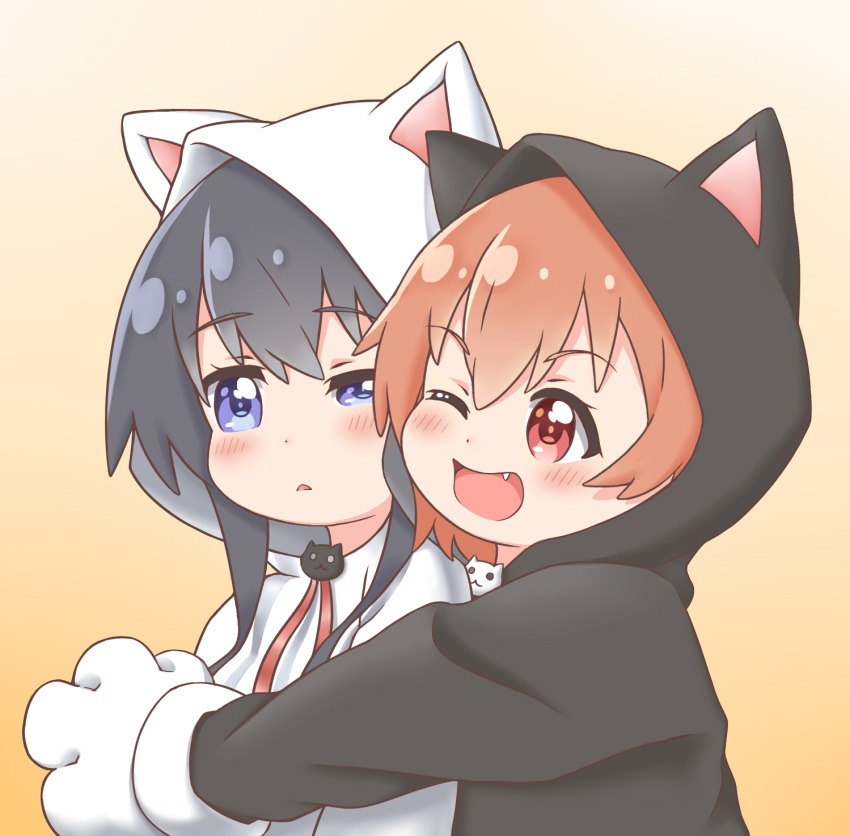 animal_costume animal_ears black_hair blue_eyes blush cat_ears eyebrows_visible_through_hair fang highres hisou_no_hikari hoshino_hinata hug long_hair open_mouth orange_hair paws red_eyes ribbon shiny shiny_hair shirosaki_hana short_hair simple_background watashi_ni_tenshi_ga_maiorita!