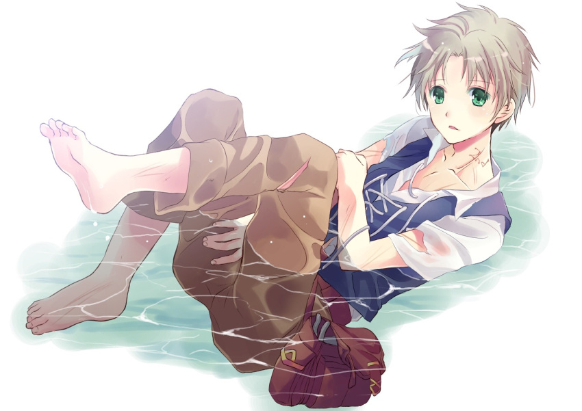 1boy bag barefoot blonde_hair green_eyes injury male_focus open_mouth shirayuki_shion solo thalis_(tear_ring_saga) torn_clothes vestaria_saga water white_background