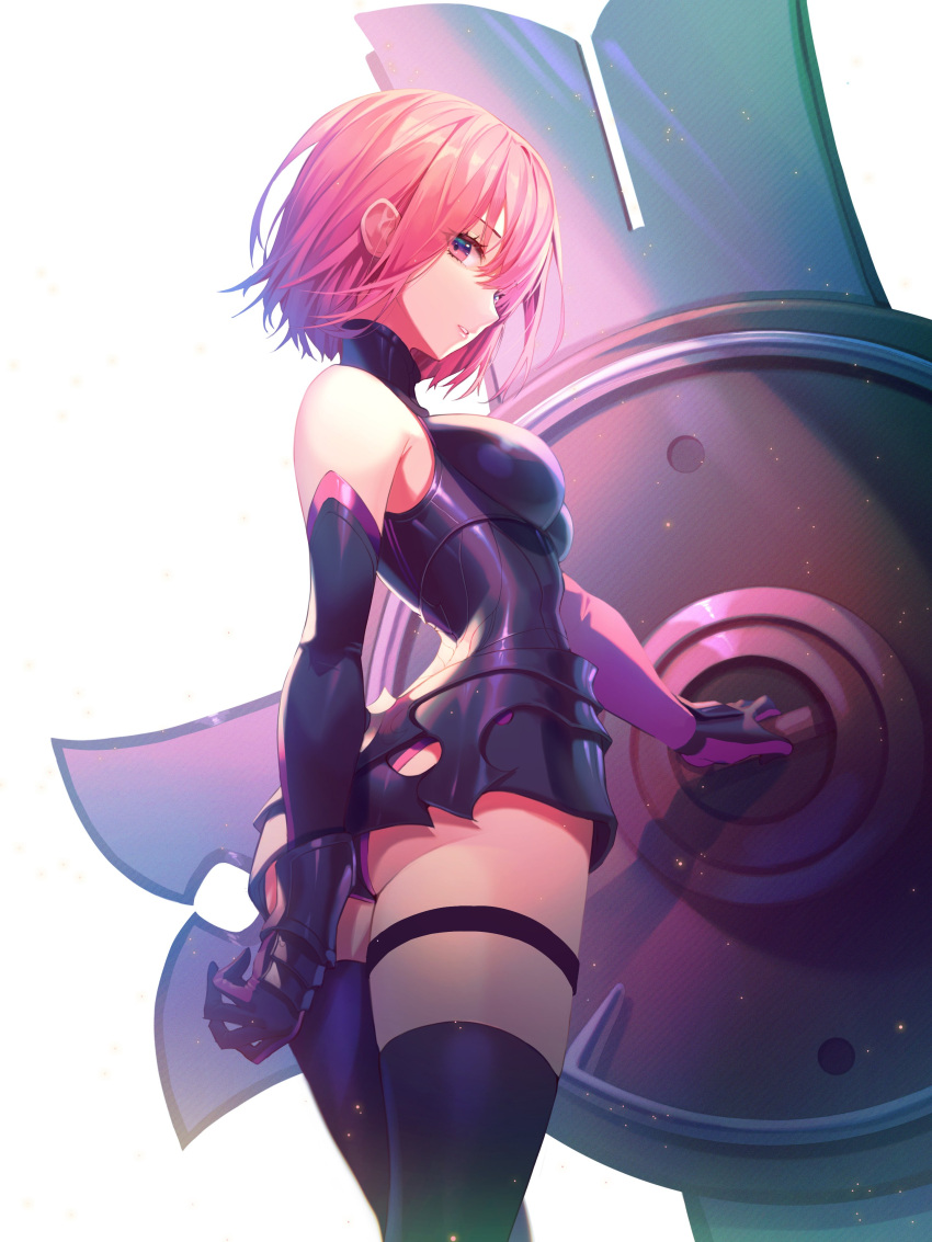 1girl absurdres armor armored_dress ass asymmetrical_legwear bangs bare_shoulders black_dress black_legwear breasts commentary dress elbow_gloves eyebrows_visible_through_hair fate/grand_order fate_(series) from_behind gauntlets gloves hair_over_one_eye highres holding_shield light_particles looking_at_viewer looking_back mash_kyrielight medium_breasts parted_lips pink_hair pro-p shield short_hair sidelocks simple_background smile solo thigh-highs thigh_strap violet_eyes weapon