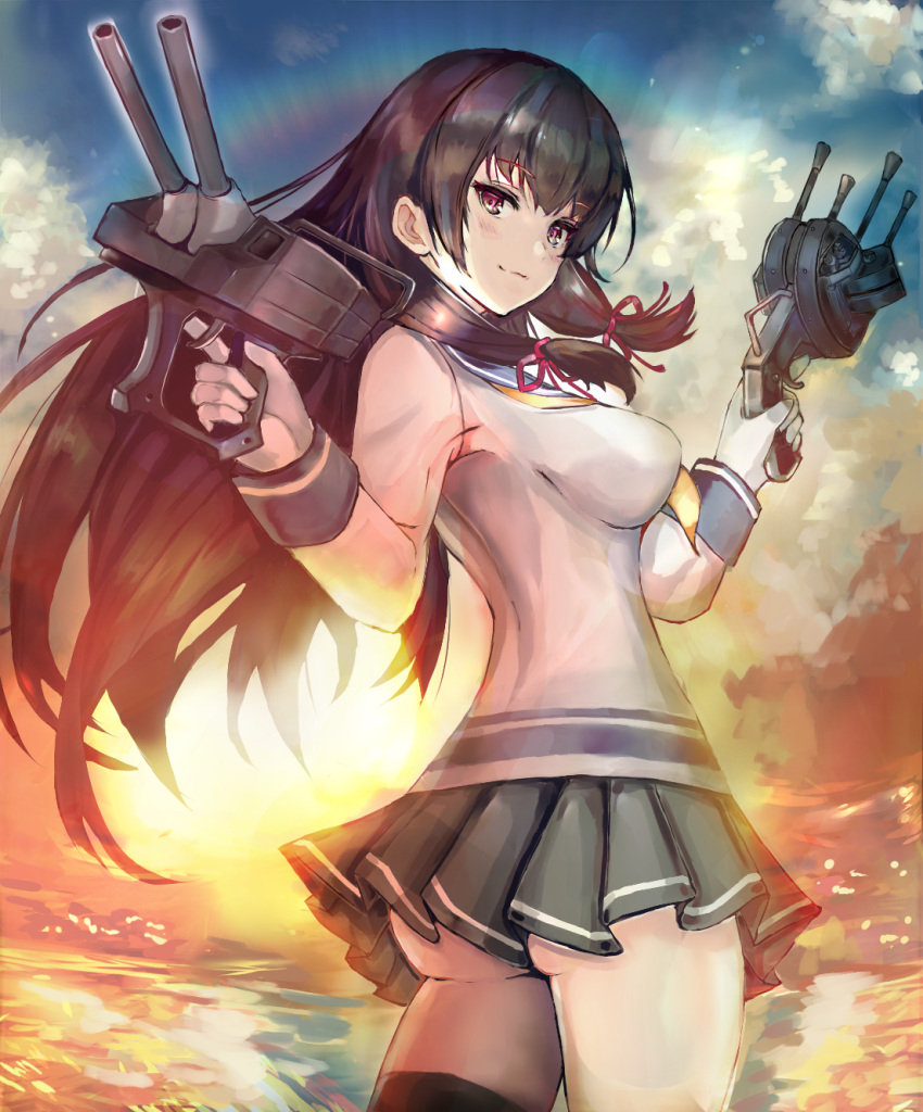 1girl ass asymmetrical_legwear black_hair black_legwear blush breasts cannon dual_wielding eriyama_(user_csua4255) gloves hair_ornament hair_ribbon highres holding isokaze_(kantai_collection) kantai_collection long_hair long_sleeves looking_at_viewer looking_back outdoors pleated_skirt red_eyes ribbon school_uniform serafuku single_thighhigh skirt smile solo sun sunset thigh-highs tress_ribbon tsurime turret twisted_torso white_gloves