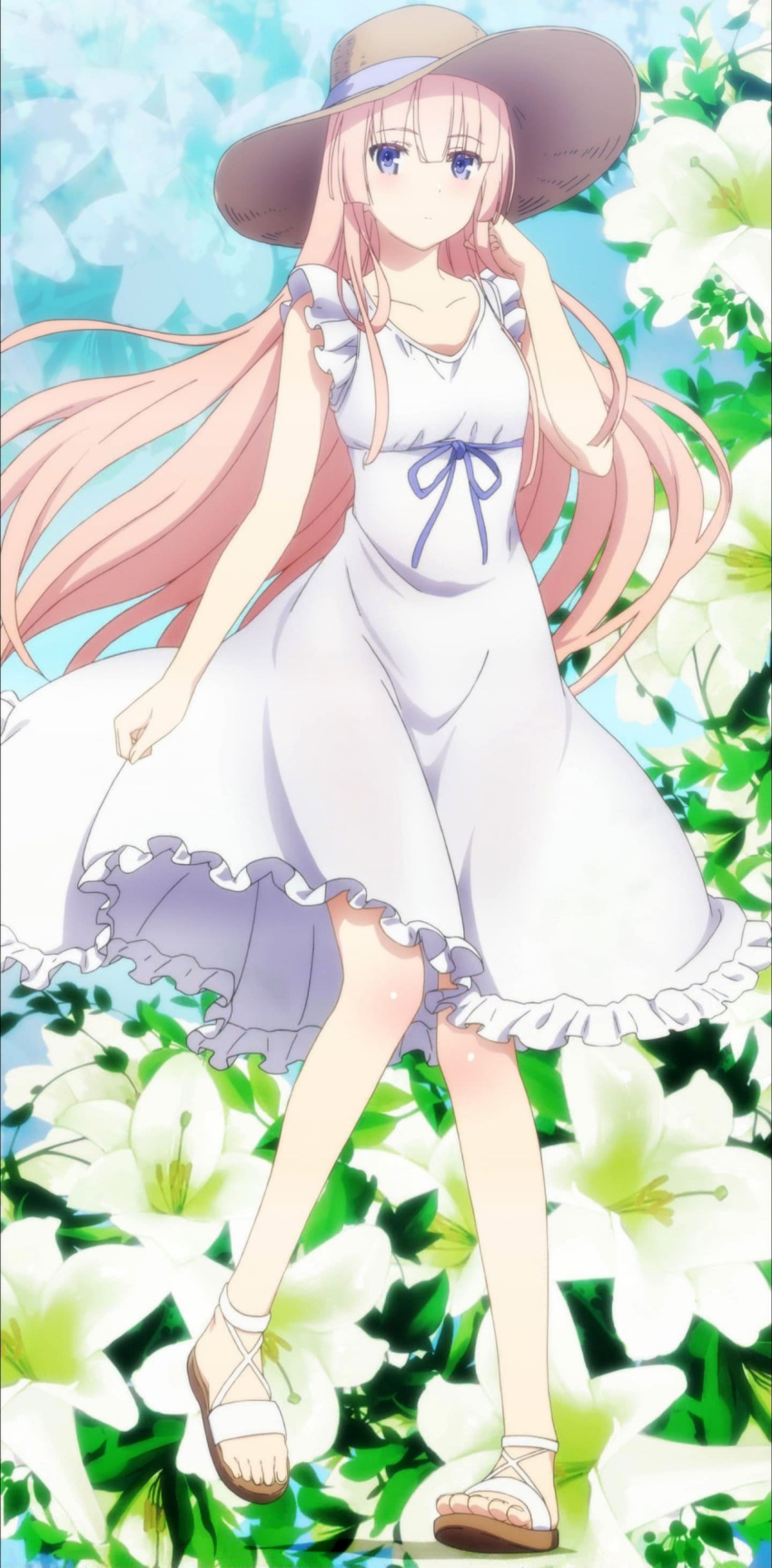 1girl absurdres dress flower girly_air_force gripen_(girly_air_force) hat highres lily_(flower) long_hair pink_hair screencap stitched third-party_edit violet_eyes