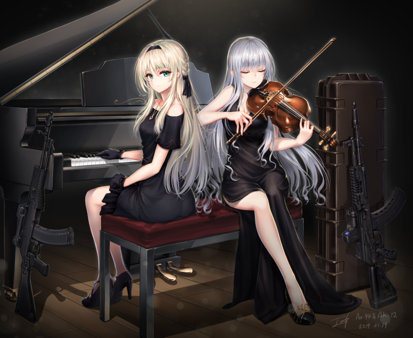 2girls ak-12 ak-12_(girls_frontline) alternate_costume an-94 an-94_(girls_frontline) aqua_eyes ass assault_rifle baek_hyang bangs black_dress black_footwear black_hairband black_ribbon blush braid breasts character_name cleavage closed_eyes closed_mouth commentary_request dated dress eyebrows_visible_through_hair french_braid from_behind girls_frontline gloves grey_hair gun hair_ribbon hairband high_heels highres holding holding_instrument instrument jewelry long_hair looking_at_viewer medium_breasts multiple_girls necklace object_namesake off-shoulder_dress off_shoulder piano ribbon rifle sidelocks signature silver_hair sitting stool very_long_hair weapon