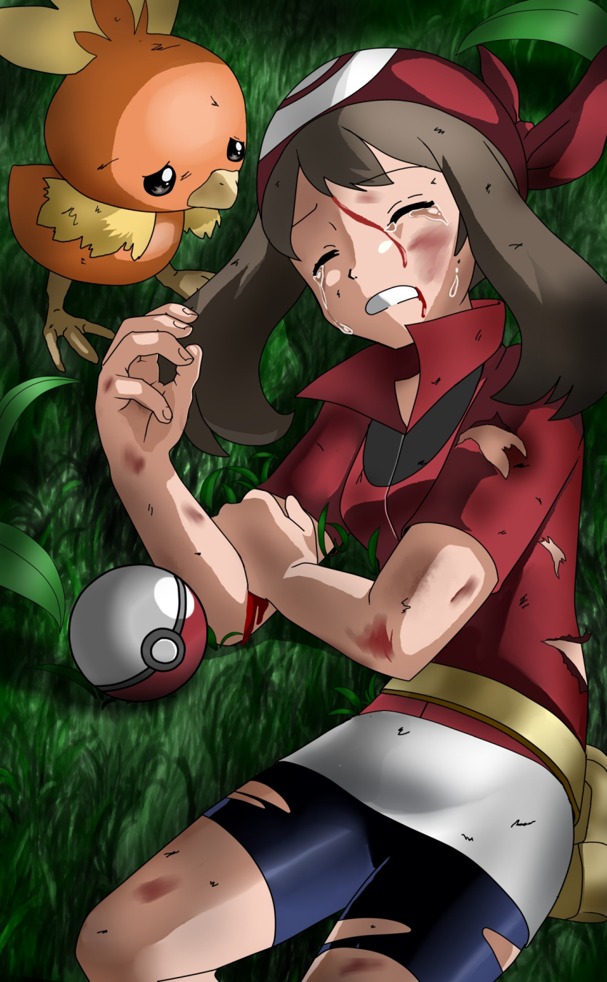 1girl bike_shorts black_shorts blood blood_from_mouth blood_on_face brown_hair bruise closed_eyes creatures_(company) game_freak gen_3_pokemon grass haruka_(pokemon) highres injury jacket long_hair lying nintendo on_side poke_ball pokemon pokemon_(creature) pokemon_(game) pokemon_rse red_bandana red_jacket shiijisu short_shorts short_sleeves shorts tears torchic torn_clothes torn_jacket torn_shorts