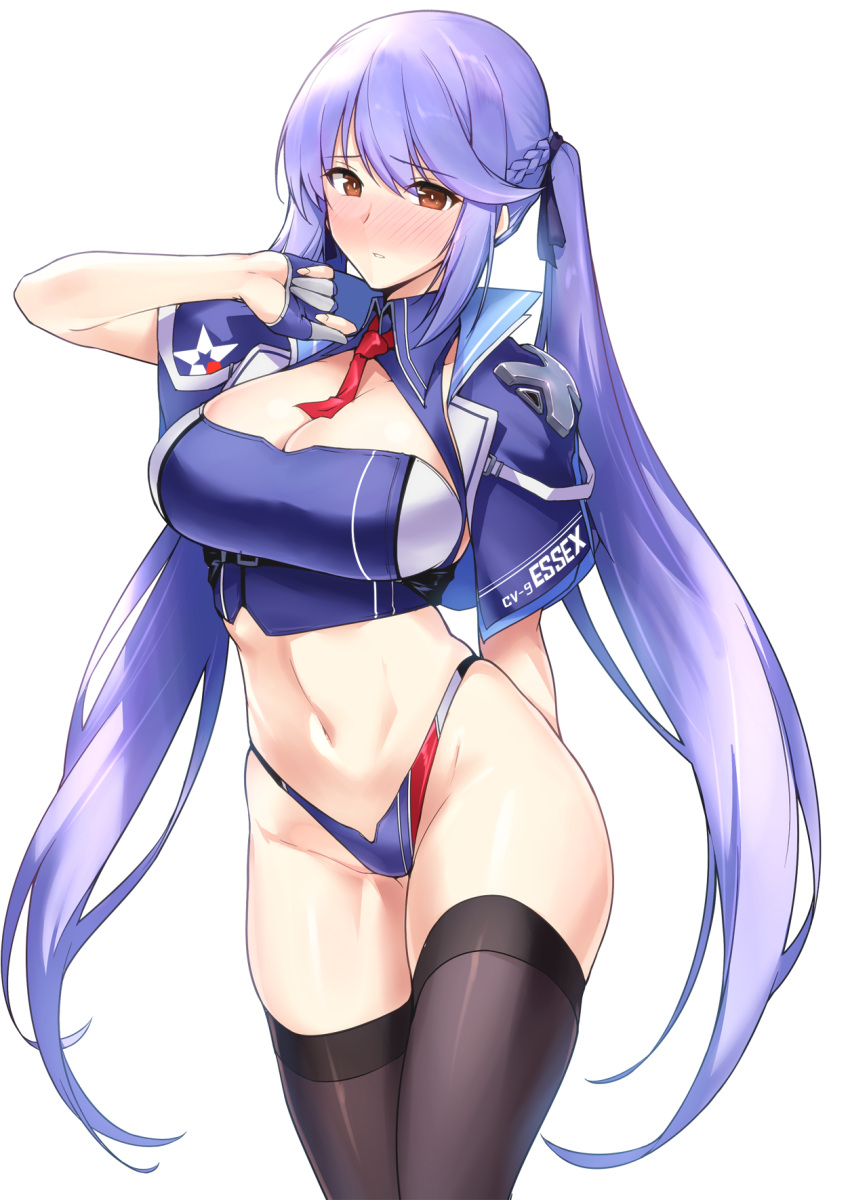 1girl azur_lane bangs bikini black_legwear blue_bikini_bottom blue_gloves blue_hair blush braid breasts brown_eyes capelet cleavage crop_top essex_(azur_lane) french_braid gloves hair_ribbon harukon_(halcon) highleg highleg_bikini highres hips large_breasts long_hair looking_at_viewer navel necktie partly_fingerless_gloves ribbon sidelocks simple_background solo swimsuit thigh-highs thighs twintails white_background