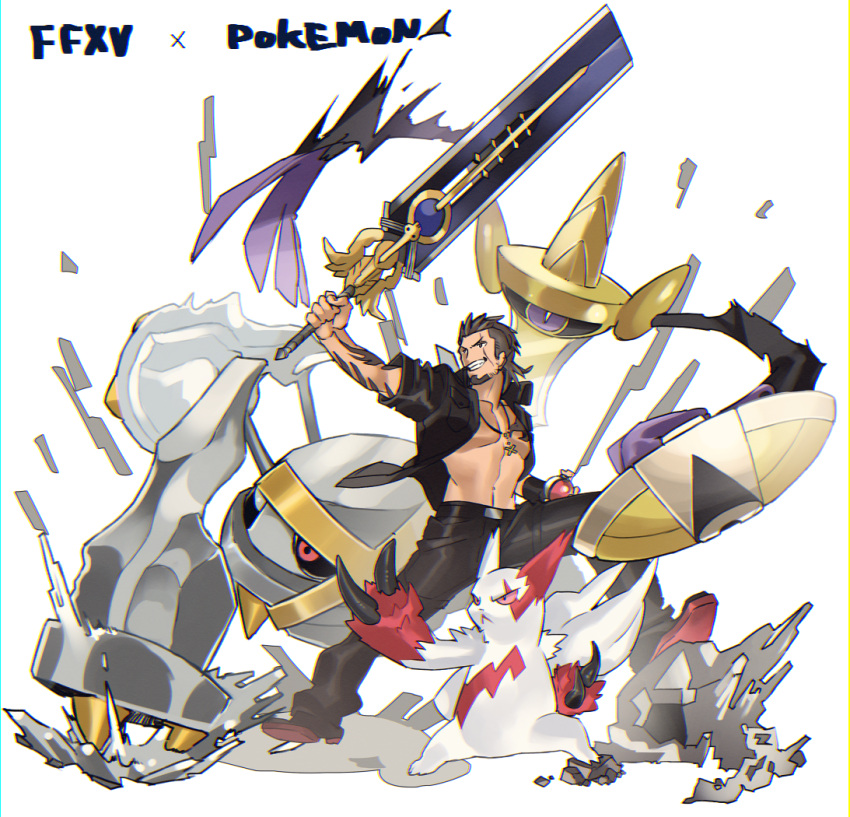 1boy aegislash alternate_color beard black_hair black_jacket creatures_(company) crossover facial_hair final_fantasy final_fantasy_xv game_freak gen_3_pokemon gen_6_pokemon gladiolus_amicitia jacket large_sword mad369 male_focus metagross nintendo open_clothes open_jacket pokemon rock shiny_pokemon zangoose