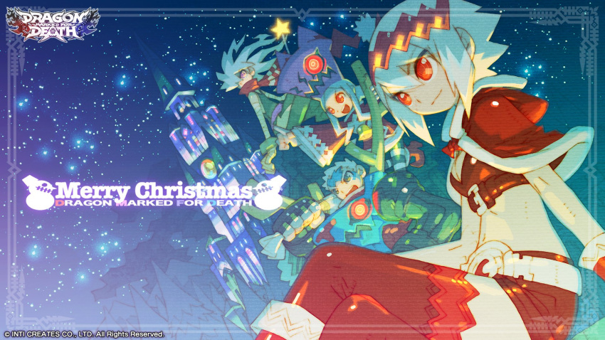 2boys 2girls bandage bandaged_arm bandages bangs bare_arms belt breasts capelet christmas cleavage closed_mouth copyright_name dragon:_marked_for_death empress_(dmfd) hair_between_eyes hat highres legs_crossed merry_christmas midriff multiple_boys multiple_girls nakayama_tooru navel official_art open_mouth red_capelet red_eyes sack santa_costume scarf shinobi_(dmfd) short_hair short_shorts shorts sitting smile text_focus thigh-highs violet_eyes warrior_(dmfd) white_hair witch_(dmfd) zettai_ryouiki
