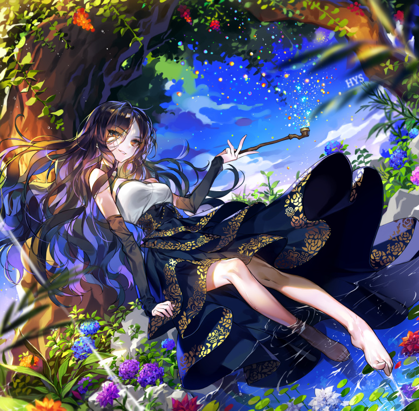 1girl arm_support barefoot black_skirt black_sleeves blue_sky breasts brown_hair clouds detached_sleeves dutch_angle eyebrows_visible_through_hair eyes_visible_through_hair floating_hair hair_over_one_eye hayanse high-waist_skirt highres layered_skirt long_hair long_skirt long_sleeves looking_at_viewer medium_breasts multicolored_hair orange_eyes original outdoors parted_lips purple_hair shiny shiny_hair shirt sitting skirt sky sleeveless sleeveless_shirt smile soaking_feet solo two-tone_hair very_long_hair water white_shirt