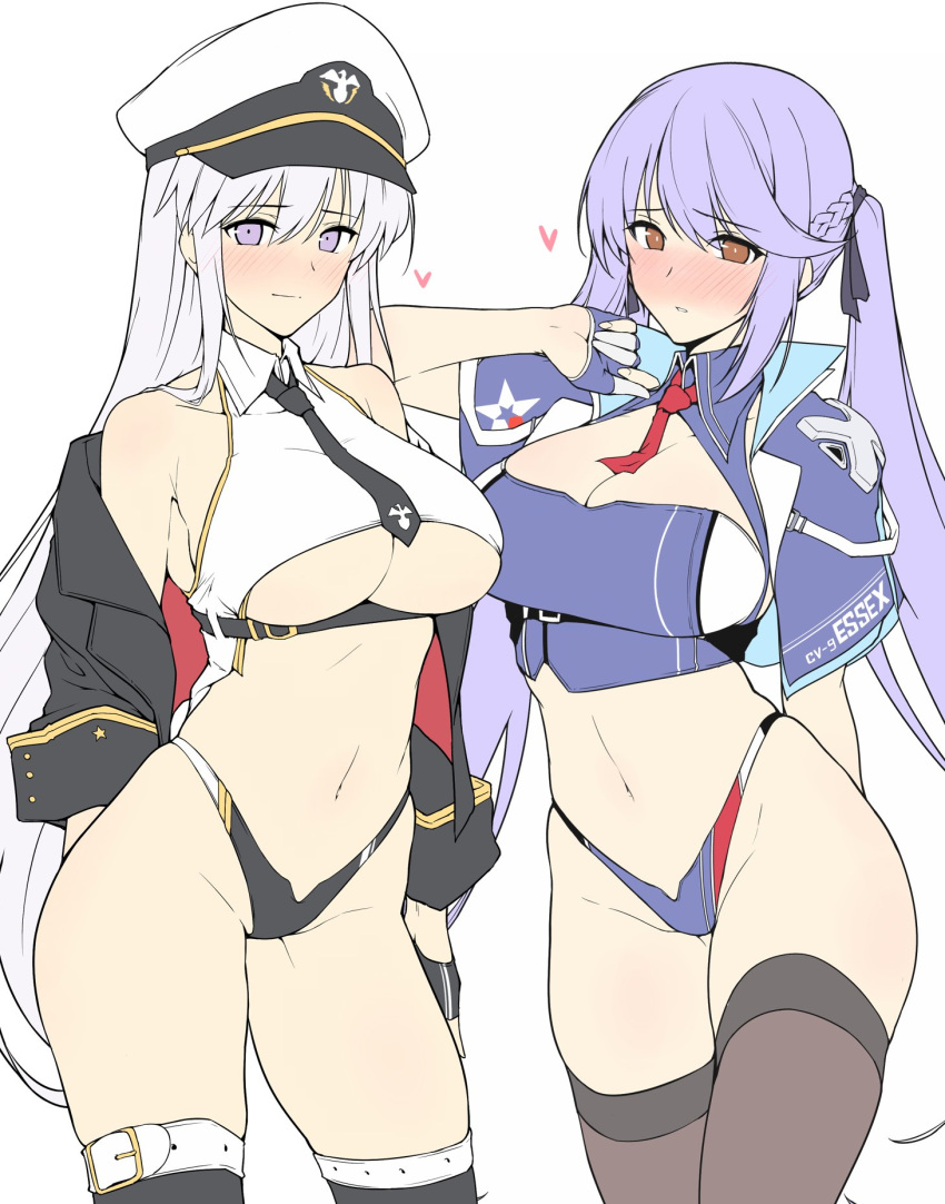 2girls adapted_costume arm_behind_back arm_up azur_lane bangs bare_shoulders black_legwear black_ribbon blue_cloak blue_gloves blue_hair blue_panties blush braid breasts brown_eyes cleavage cleavage_cutout clothes_writing collared_dress commentary_request contrapposto dress enterprise_(azur_lane) essex_(azur_lane) eyebrows_visible_through_hair fingerless_gloves floating_hair french_braid gloves groin hair_ribbon harukon_(halcon) hat heart highleg highleg_panties highres large_breasts long_hair looking_at_viewer military_hat multicolored multicolored_clothes multicolored_panties multiple_girls navel necktie nose_blush off_shoulder panties parted_lips red_neckwear ribbon simple_background standing thigh-highs twintails under_boob underwear very_long_hair violet_eyes white_background white_hair work_in_progress