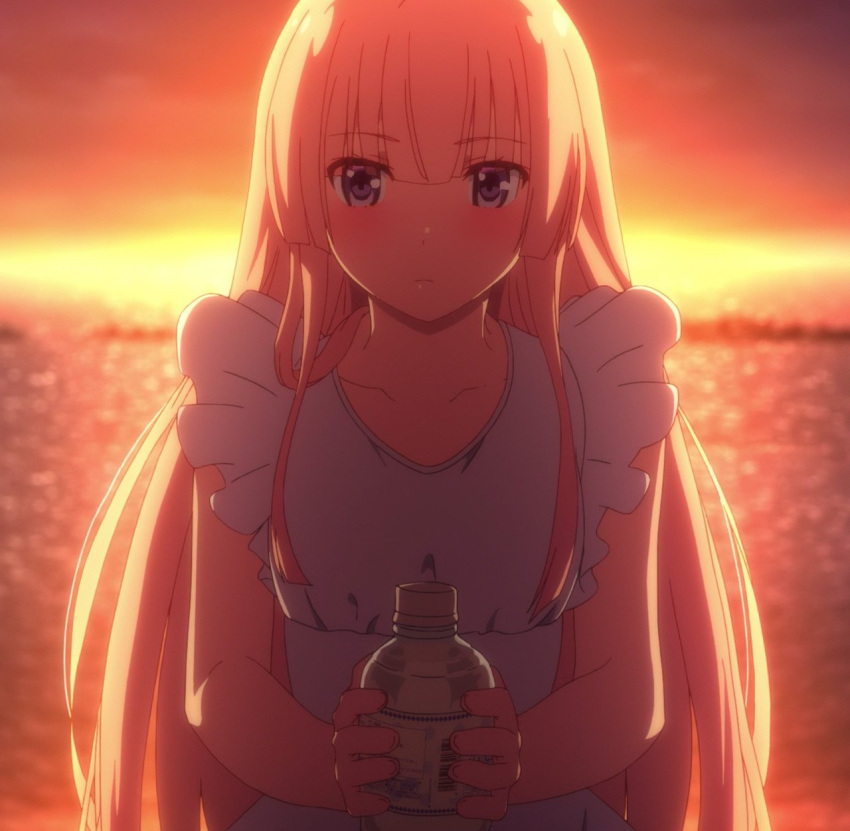 1girl beach bottle girly_air_force gripen_(girly_air_force) highres long_hair pink_hair screencap stitched sunset third-party_edit violet_eyes