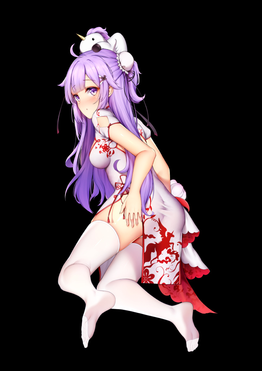 1girl absurdres ahoge azur_lane black_background blush china_dress chinese_clothes dress eyebrows_visible_through_hair from_behind hair_bun hand_on_own_thigh highres long_hair looking_at_viewer purple_hair simple_background skindentation solo stuffed_animal stuffed_toy stuffed_unicorn taitai thigh-highs unicorn_(azur_lane) violet_eyes white_legwear